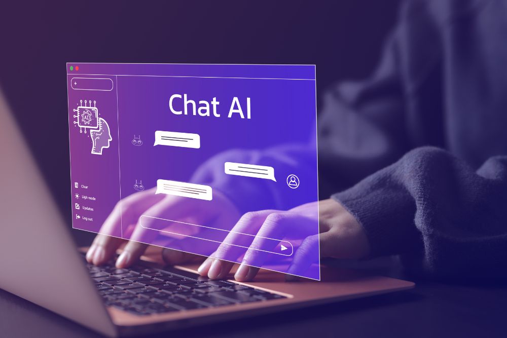 Woman using a laptop computer chatting with an intelligent artificial intelligence - Normal Bear Media discusses why you still need a marketing agency even with the rise of AI