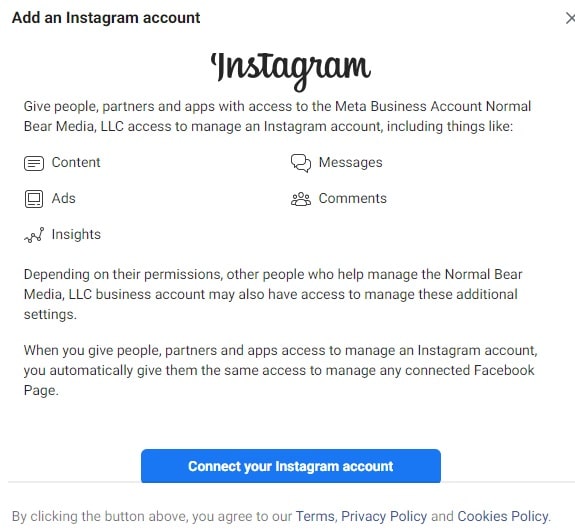 window prompting to connect your Instagram account to your Facebook Business Account
