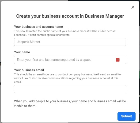 facebook business account name form