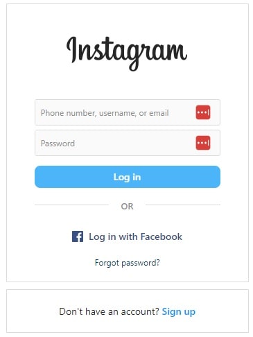 instagram login page