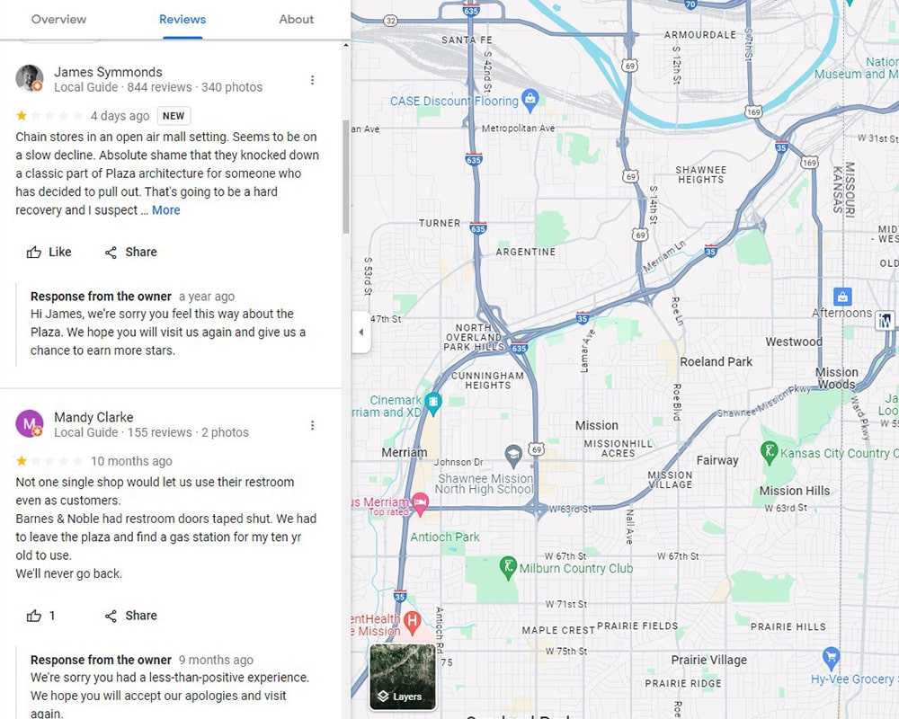 negative reviews from customers with business owner responses on google maps page