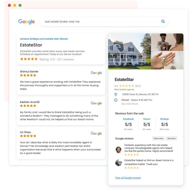 social reviews through birdeye app on google search page